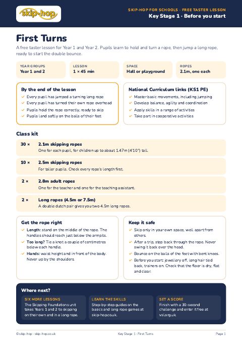 Cover of the free skip-hop Key Stage 1 taster lesson plan: First Turns